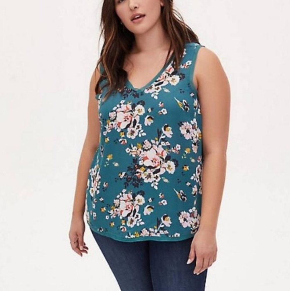 Torrid Top Floral Georgette Chiffon Trim Tank Top Teal size 5 Boho Beachy